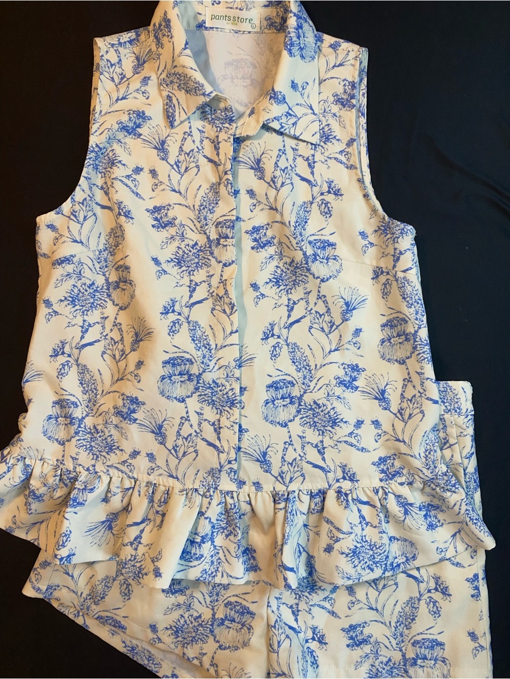 Sleeveless Floral Ruffle Top in Blue and Cream